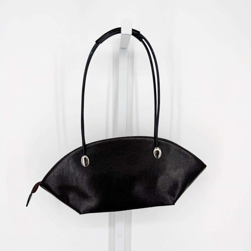 Vintage Fan Shaped Shoulder Bag Dark Brown Faux Leather Silver Hardware Medium